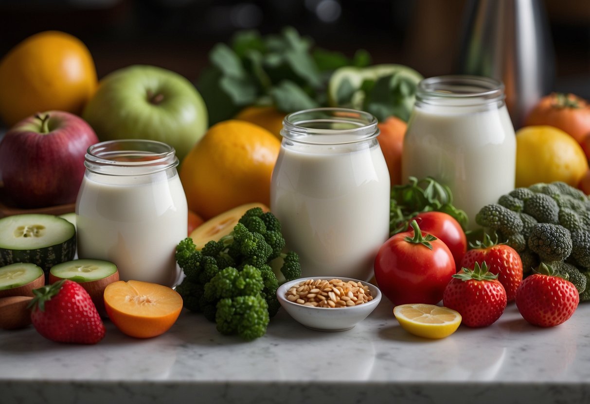 A colorful array of probiotic-rich superfoods, including yogurt, kimchi, and kefir, surrounded by vibrant fruits and vegetables, creating a sense of calm and balance