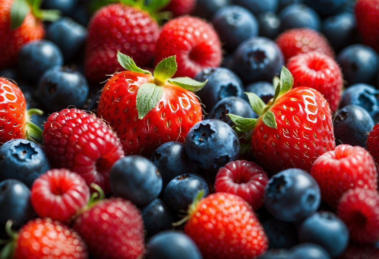 A colorful assortment of antioxidant-rich berries, including blueberries, strawberries, and raspberries, arranged in a vibrant display