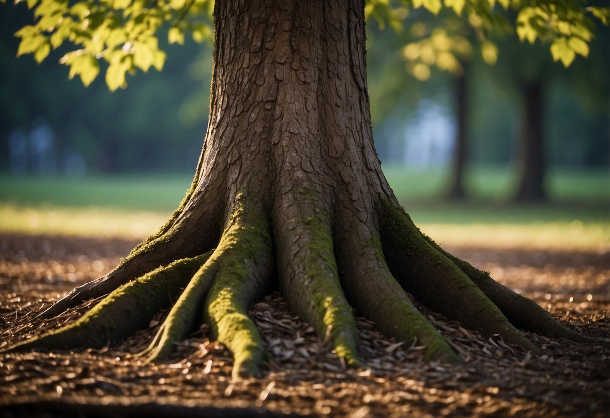 A strong tree trunk rooted in the ground, with branches reaching upwards and leaves fluttering in the breeze. A stable foundation supporting the growth and balance of the surrounding environment