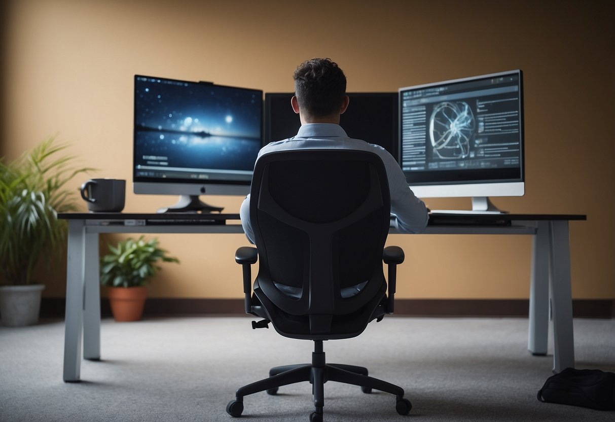 A person sitting at a desk with an ergonomic chair and computer monitor at eye level, using a footrest and maintaining a straight posture