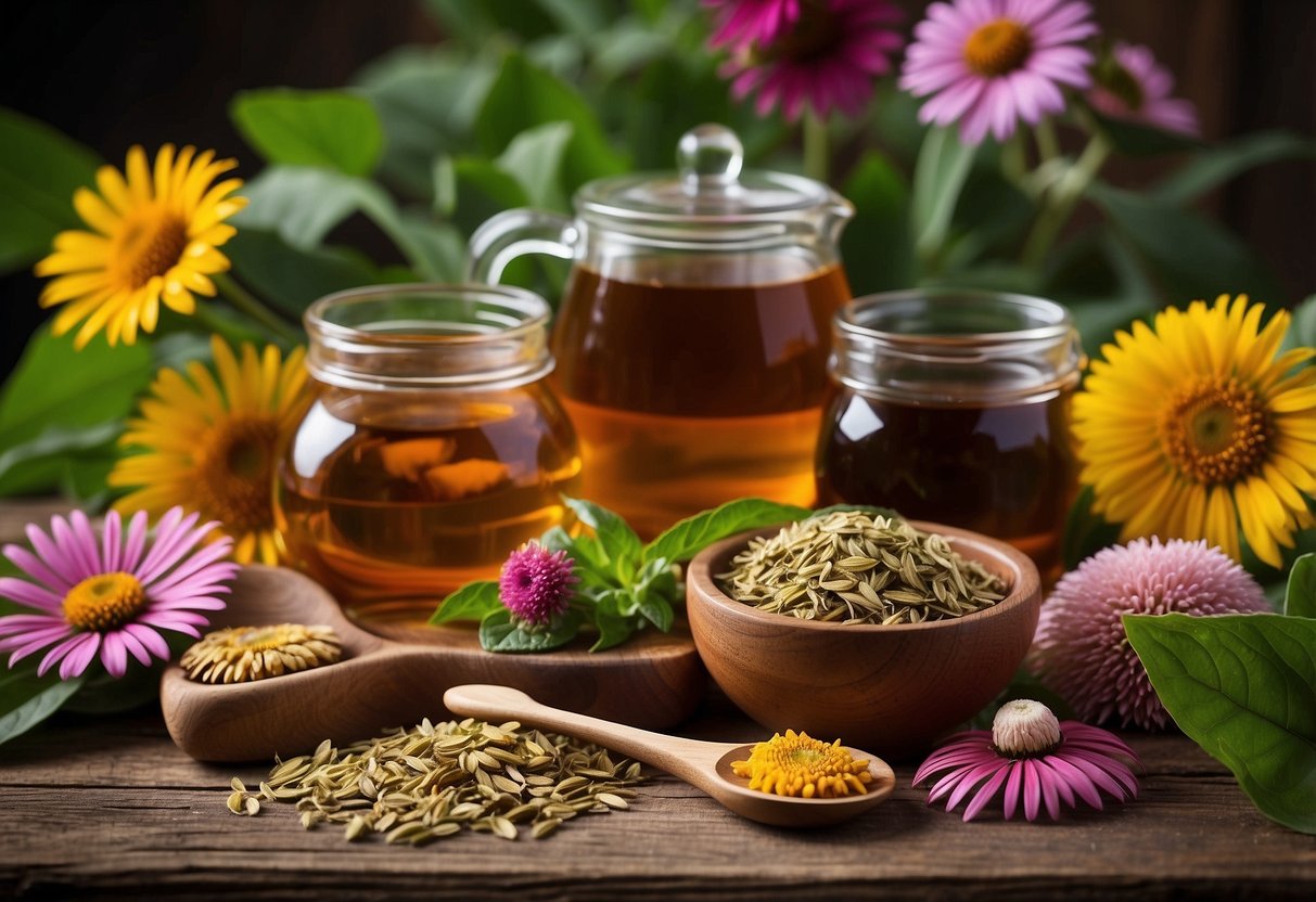 A colorful assortment of herbal tea ingredients, such as echinacea, ginger, and chamomile, are arranged on a rustic wooden table, surrounded by vibrant green leaves and blooming flowers