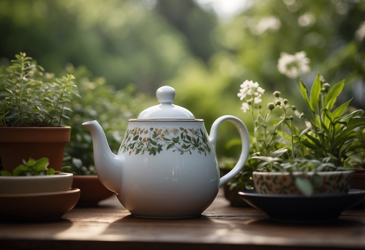 A serene garden with a variety of herbal plants, a teapot, and a cup surrounded by peaceful surroundings