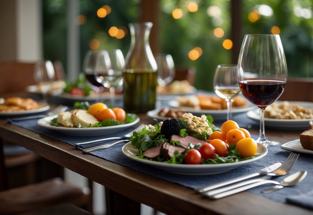 A serene setting with a table set for a meal, featuring a variety of colorful, whole foods arranged in an appealing and balanced manner