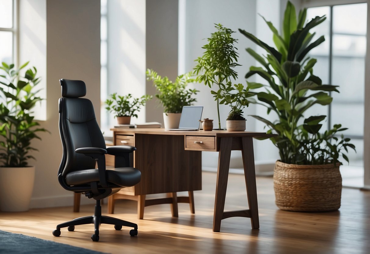 A serene office space with a peaceful atmosphere. A desk with a plant and a calming essential oil diffuser. Soft lighting and a cozy chair for meditation