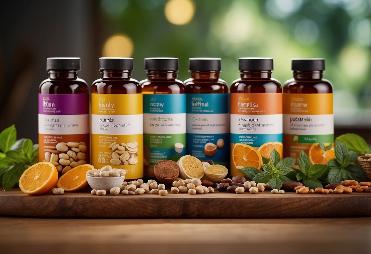 A table with various bottles of nutritional supplements and natural remedies arranged neatly, with colorful labels and natural ingredients depicted on the packaging