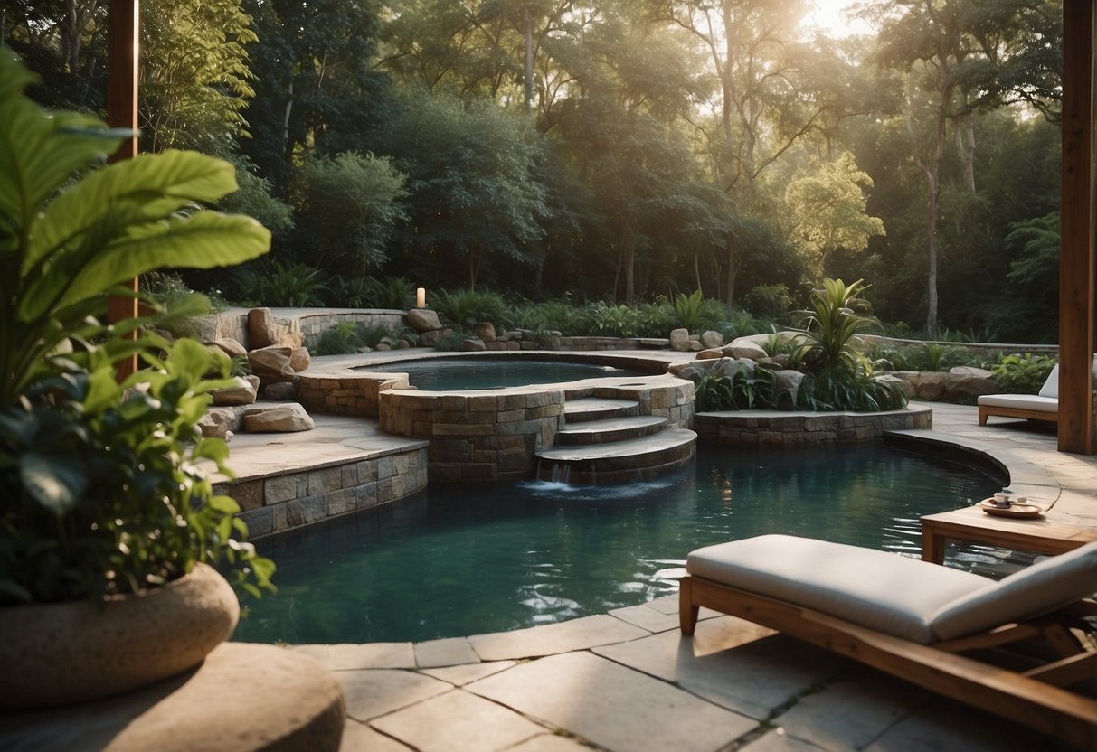 A serene spa setting with a large, inviting hydrotherapy pool surrounded by lush greenery and natural elements, such as rocks and wooden accents