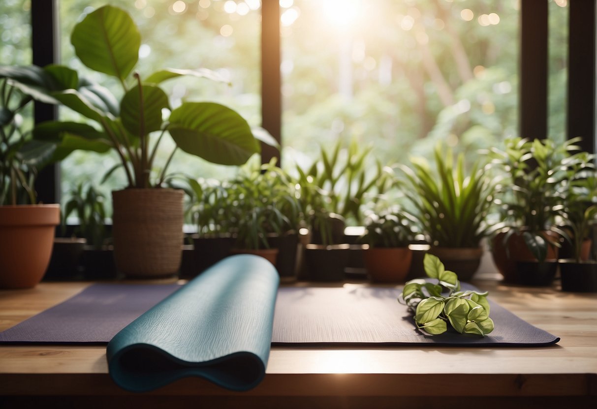 A serene setting with a calm atmosphere, featuring a yoga mat surrounded by soft lighting and natural elements like plants and water