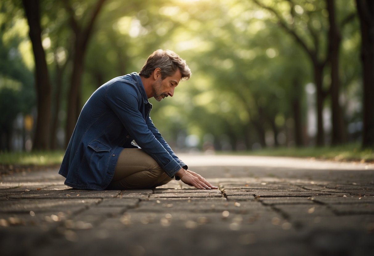 A serene figure kneels on the ground, reaching forward with arms outstretched and forehead resting on the floor