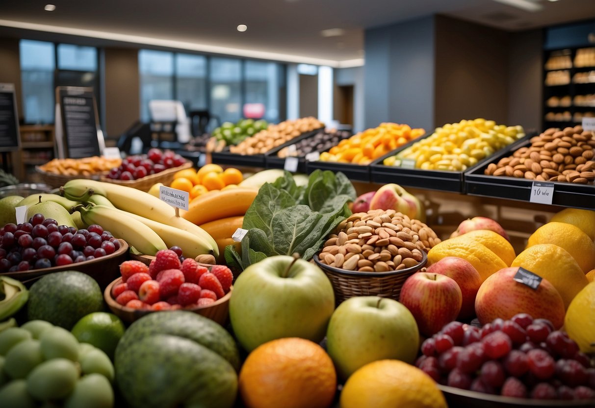 A colorful display of fresh fruits, nuts, and vegetables contrasted with packaged processed snacks. A sign above reads "10 Healthy Snack Ideas for Weight Loss."