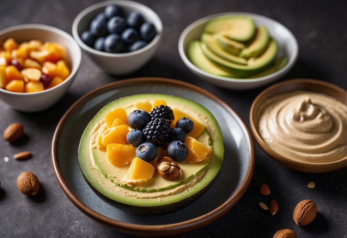 A table with a variety of healthy snacks: avocado, nuts, seeds, and nut butter. A bowl of Greek yogurt with berries and a plate of sliced vegetables with hummus