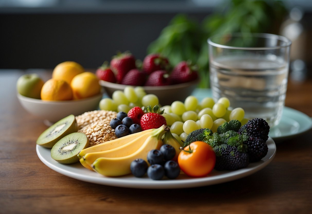 A colorful plate with a variety of fruits, vegetables, whole grains, lean proteins, and healthy fats. A glass of water and a physical activity symbol in the background