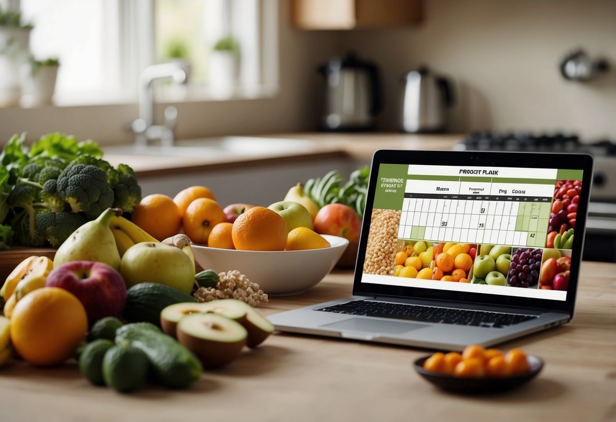 A kitchen counter with a variety of fresh fruits, vegetables, grains, and lean proteins. A calendar with meal plans and a shopping list. A busy person multitasking with cooking utensils and a timer