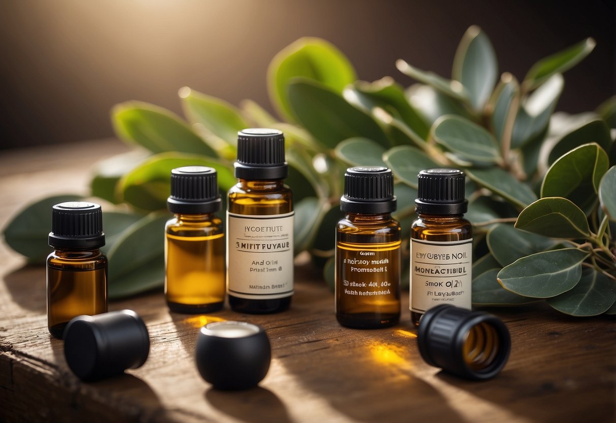 A bottle of eucalyptus oil surrounded by 9 other essential oil bottles, each labeled with their name and health benefits