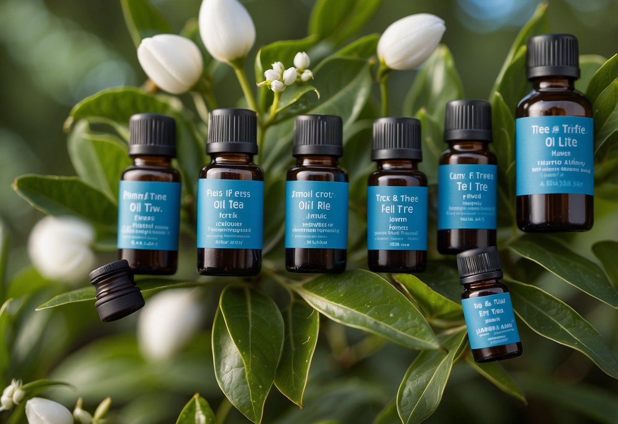 A bottle of tea tree oil surrounded by 9 other essential oil bottles, each labeled with their name. A background of green leaves and a clear blue sky