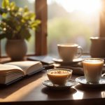 A serene morning scene with a cup of tea, yoga mat, journal, and healthy breakfast spread on a table. Sunlight streams in through a window, casting a warm glow on the peaceful setting