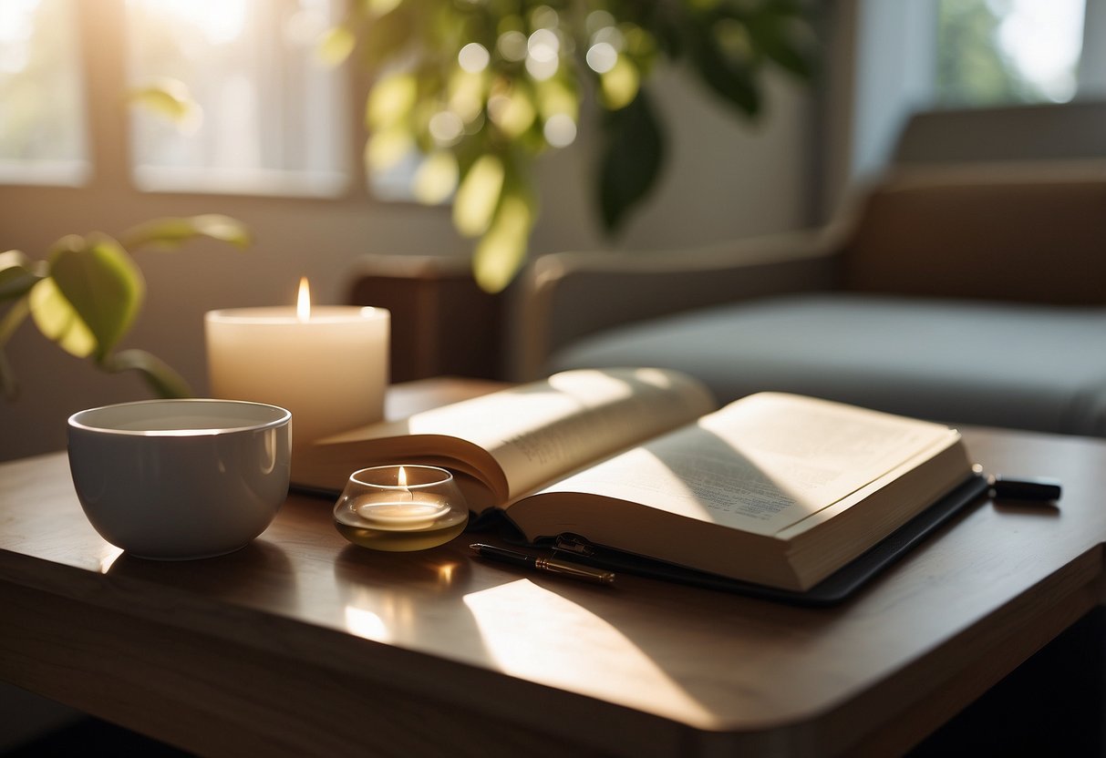 A bright, sunlit room with a cozy bed, a glass of water on a bedside table, a yoga mat on the floor, and a journal and pen ready for writing