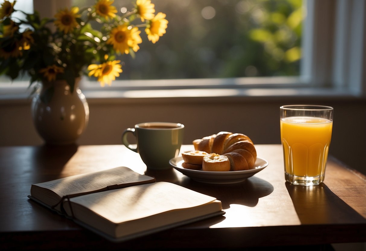 A table set with a balanced breakfast, a glass of water, and a journal for gratitude and goal setting. Sunlight streams through the window, illuminating the scene