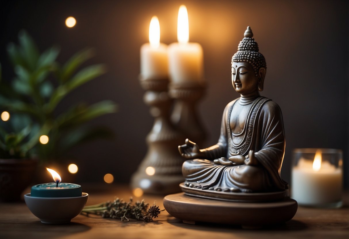 A serene figure sits cross-legged, surrounded by soft light and incense. A journal and timer sit nearby, as the figure focuses on their breath