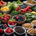 A vibrant array of superfoods, including berries, leafy greens, nuts, and seeds, arranged in a visually appealing manner to convey their health-boosting properties