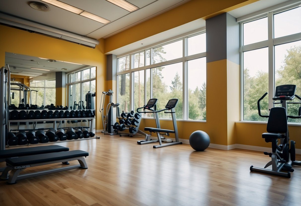 A gym with various exercise equipment arranged in an organized and strategic manner. Bright, natural lighting floods the space, creating an inviting and energizing atmosphere for daily workouts