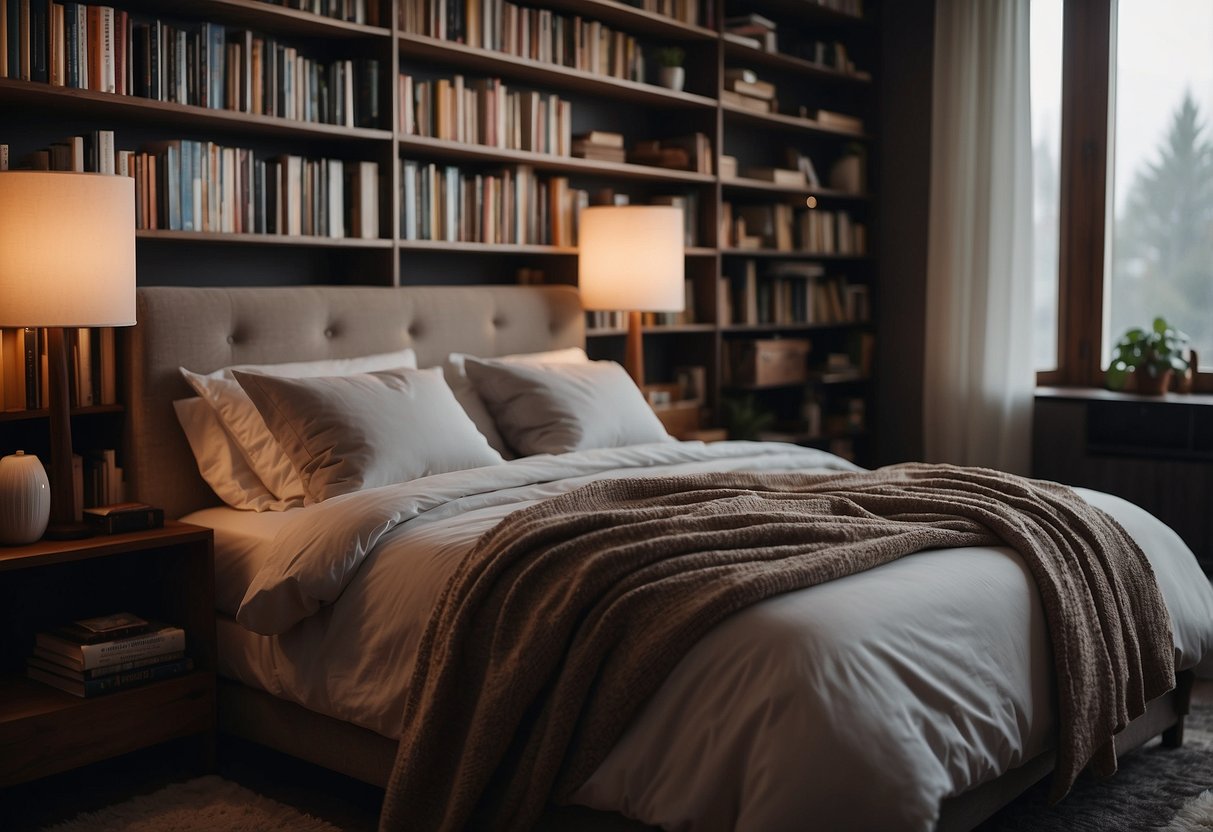 A cozy bedroom with soft, dim lighting and a comfortable bed. A bookshelf filled with calming literature and a diffuser emitting soothing aromas