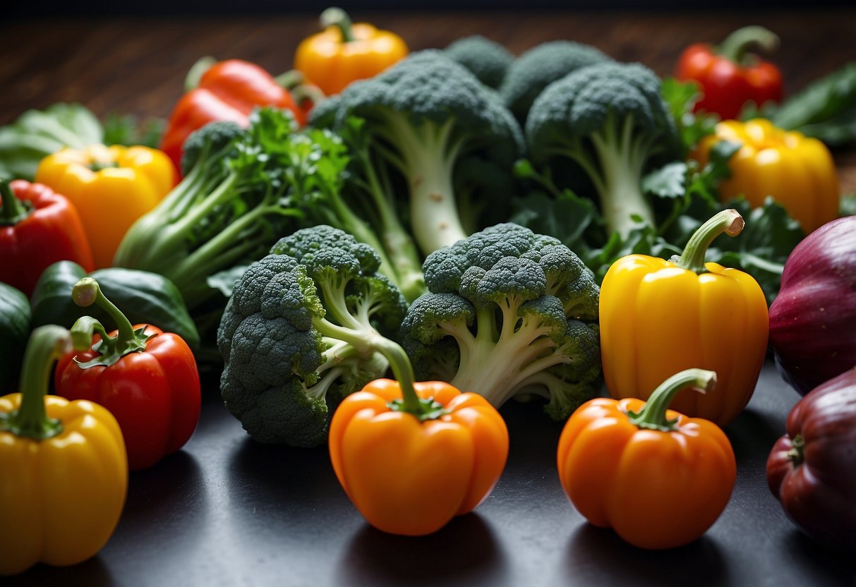 A colorful array of immune-boosting vegetables arranged in a vibrant display, including broccoli, bell peppers, spinach, and carrots