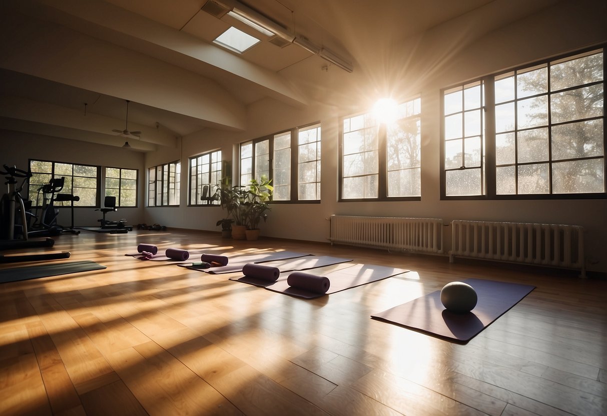 A bright, spacious room with exercise equipment neatly arranged. Sunlight streams in through large windows, casting a warm glow on the space. A yoga mat and resistance bands are set out, ready for use