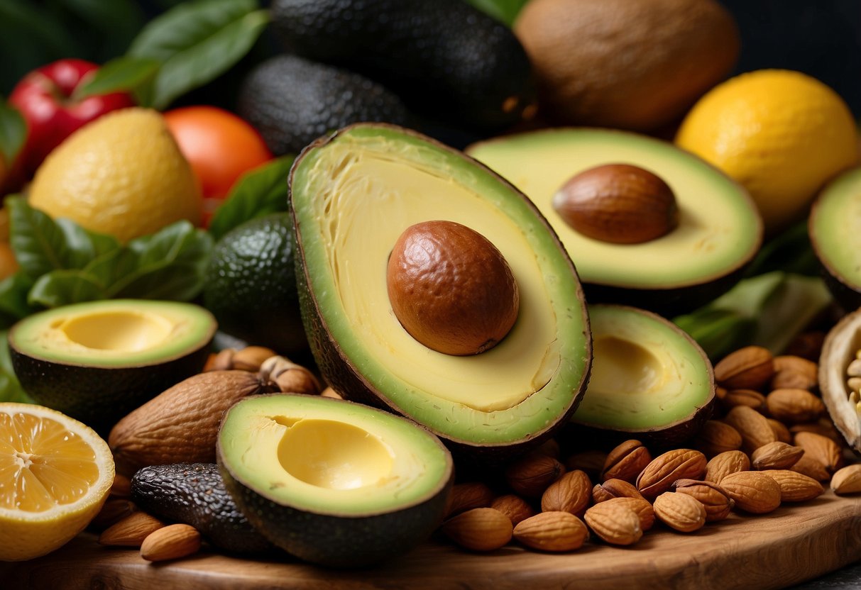 A colorful array of avocados, nuts, seeds, and oily fish arranged on a vibrant background, surrounded by fresh fruits and vegetables