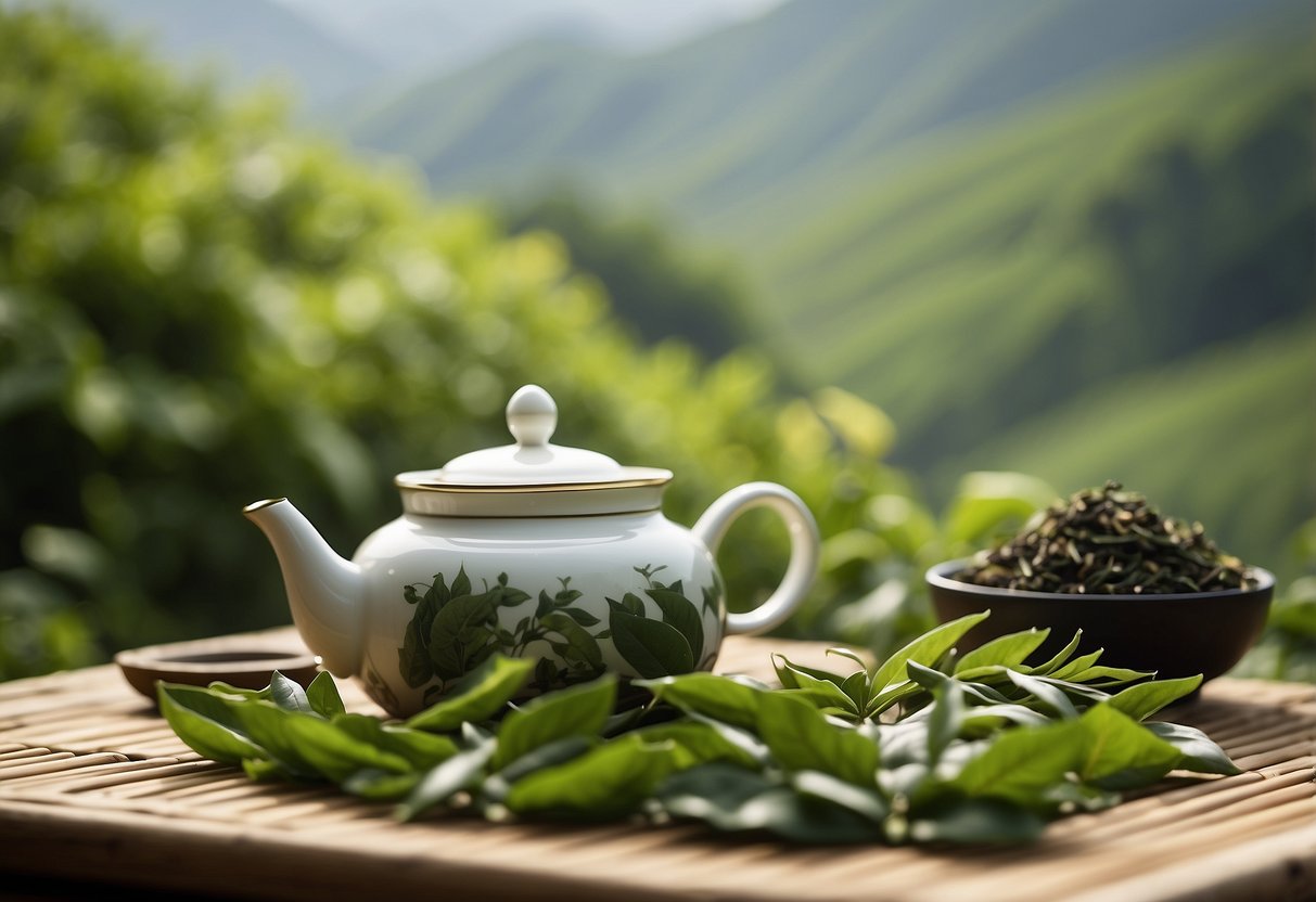 Lush green tea leaves growing on rolling hills, with a traditional tea ceremony set in the background. A serene and peaceful atmosphere with a sense of history and tradition