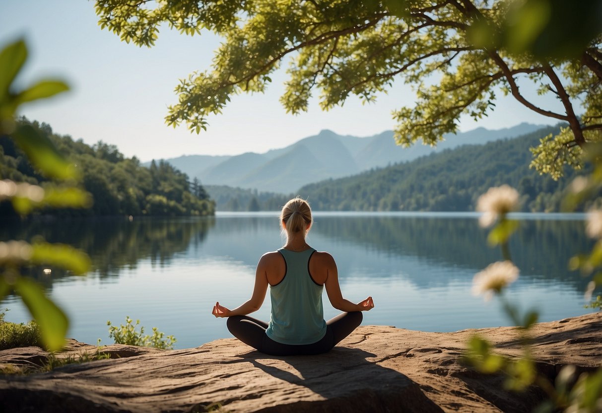 A serene nature scene with calm water, lush greenery, and a clear blue sky. A person meditating or practicing yoga in the peaceful setting