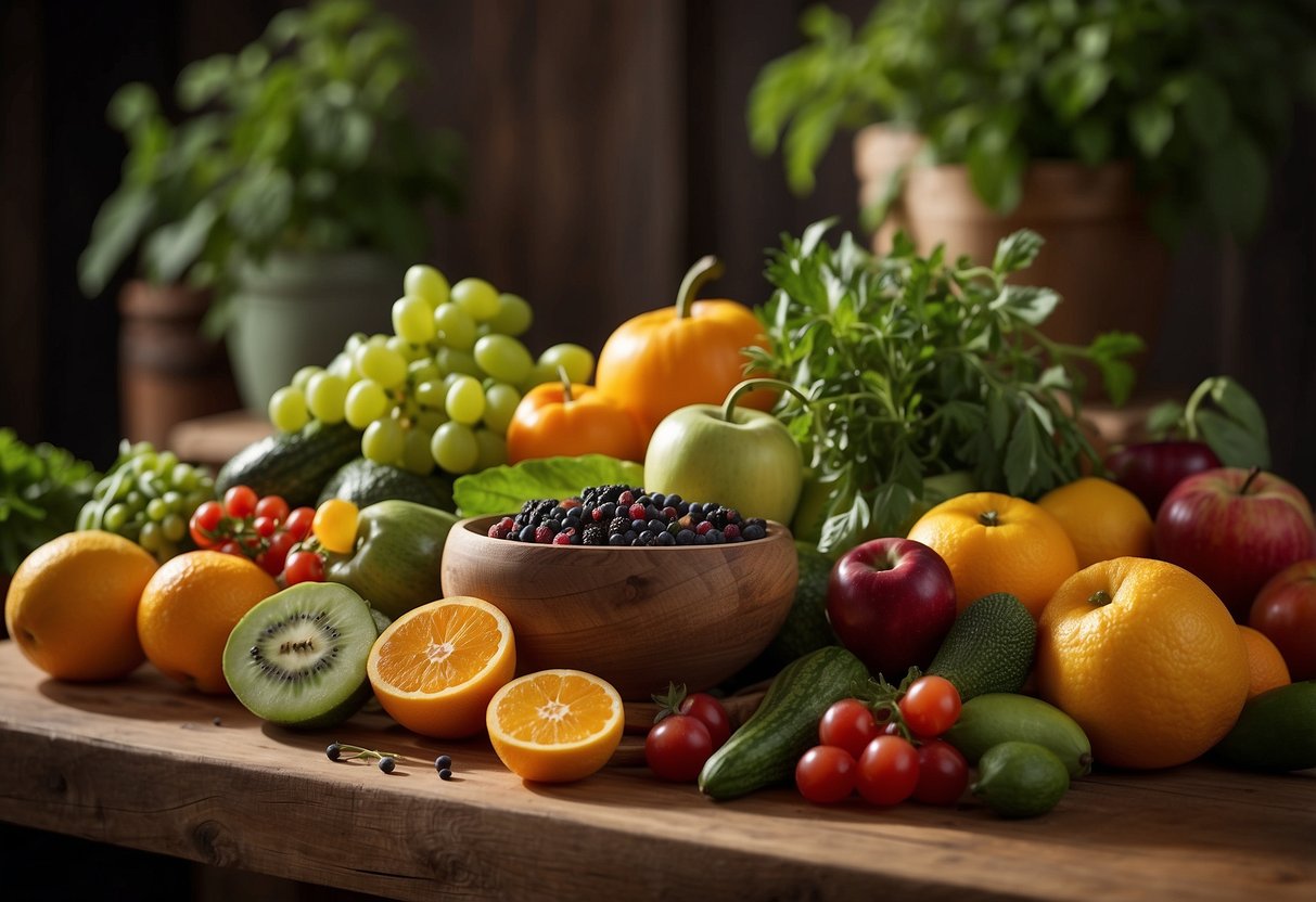 A colorful array of fruits, vegetables, and herbs arranged on a wooden table, with a mortar and pestle nearby for creating natural remedies