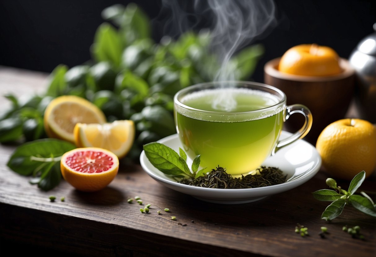 A steaming cup of green tea surrounded by fresh tea leaves and a variety of colorful fruits and vegetables