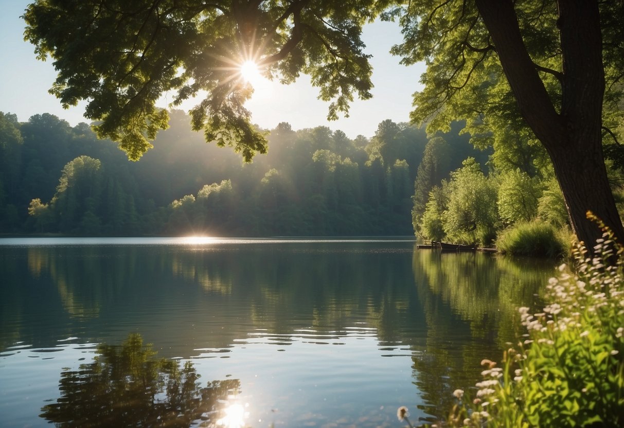 A serene nature scene with a peaceful lake, lush green trees, and a clear blue sky. The atmosphere is calm and tranquil, evoking a sense of relaxation and mindfulness