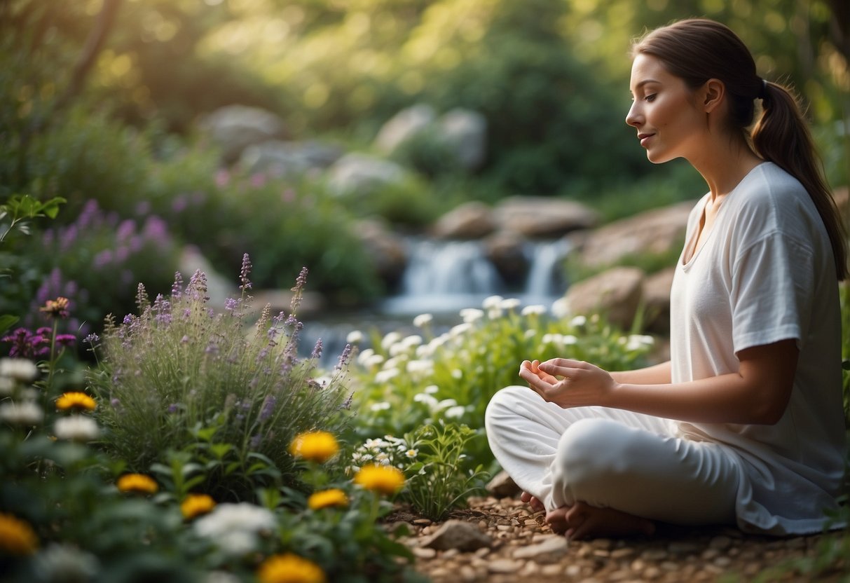 A serene garden with colorful herbs and plants, a bubbling stream, and a gentle breeze. A figure meditates surrounded by natural remedies and healing substances