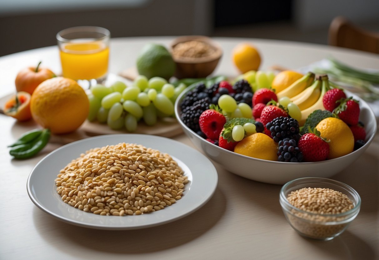 A table with a variety of colorful fruits, vegetables, grains, and protein sources. A glass of water and a plate with a balanced meal. A person reading a nutrition guide in the background