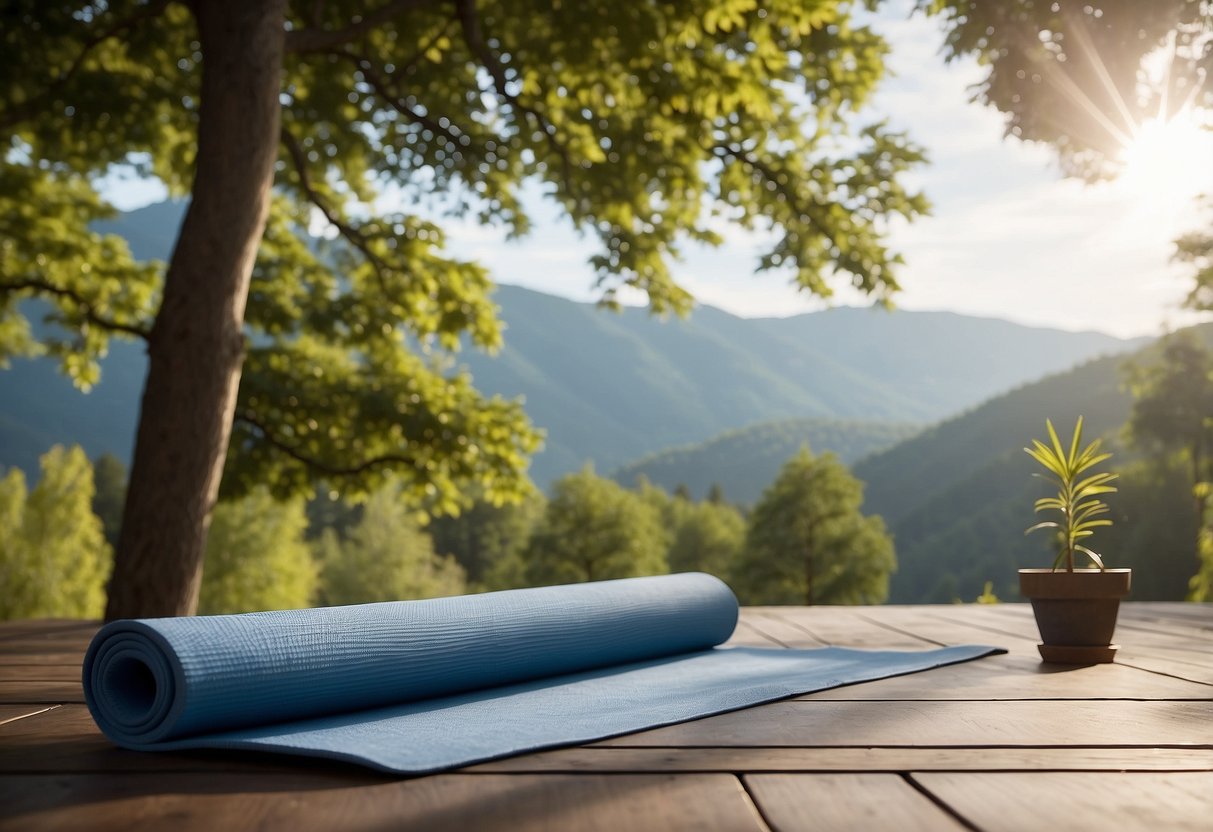 A serene setting with a yoga mat on the floor, surrounded by peaceful nature. The mat is positioned for a beginner's sequence, with space for various poses