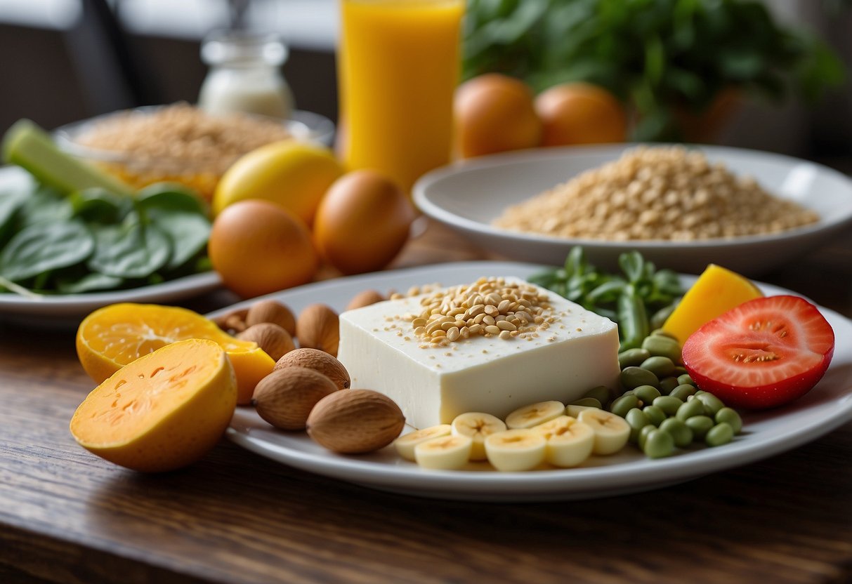 A colorful array of protein sources - eggs, beans, nuts, and tofu - arranged on a plate with fresh fruits and vegetables nearby