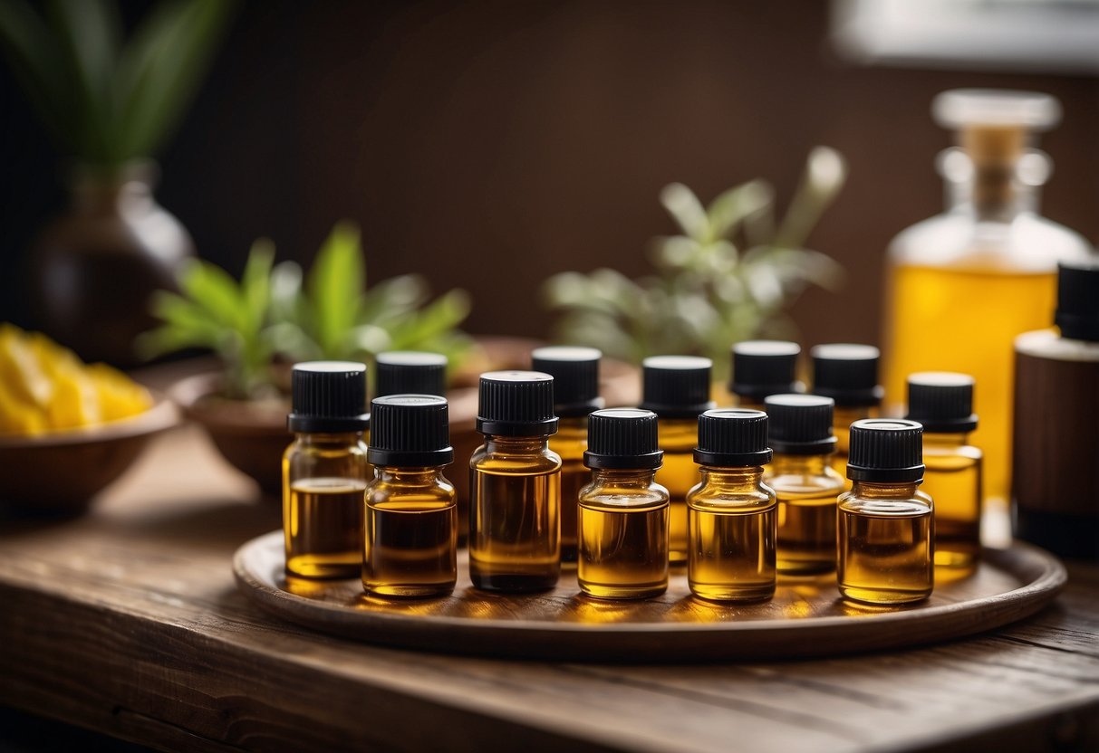 A table with various essential oils, diffusers, and carrier oils. A person is mixing oils in a bowl. A book on essential oils is open nearby