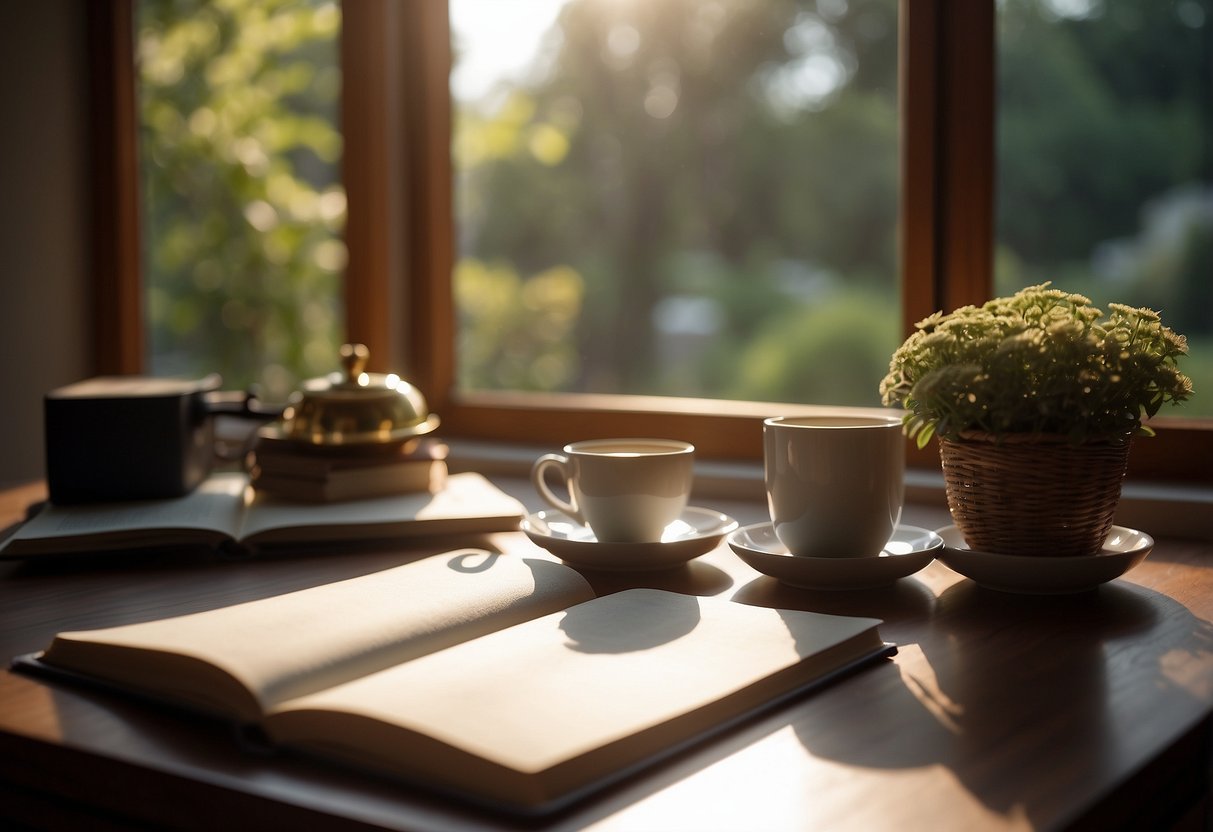 A sunlit bedroom with a neatly made bed, a journal and pen on a nightstand, and a yoga mat on the floor. A cup of tea steams on a table next to a window with a view of a peaceful garden