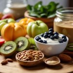 A colorful array of fresh fruits, vegetables, nuts, and seeds arranged on a wooden cutting board, with a bowl of Greek yogurt and a jar of natural nut butter nearby