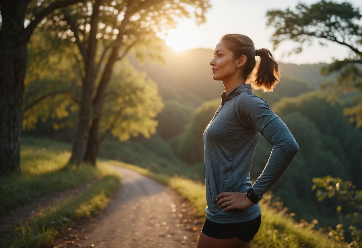 A person is seen stretching outdoors at sunrise, surrounded by nature. They are jogging along a path, with a serene expression on their face