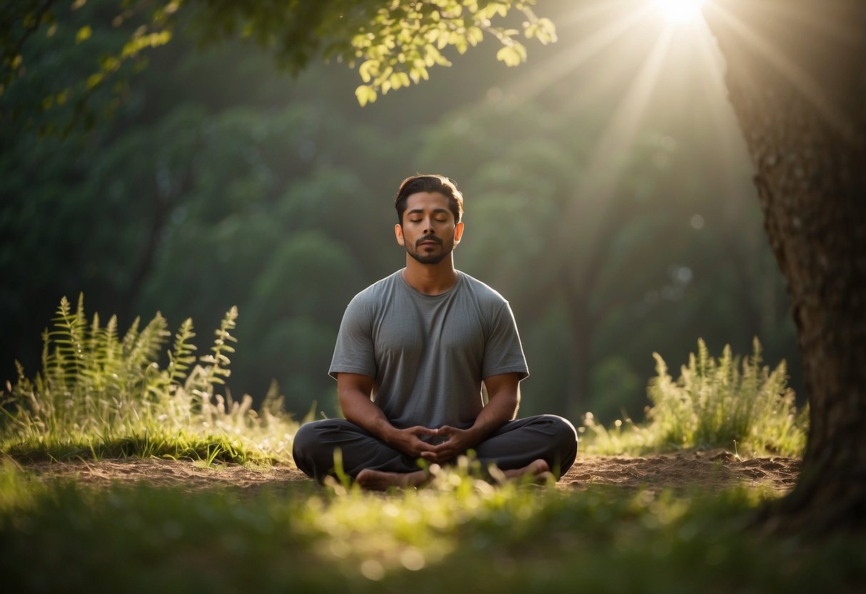 A serene person sits cross-legged, eyes closed, surrounded by nature. A beam of light illuminates them as they meditate, illustrating the power of overcoming common challenges through meditation