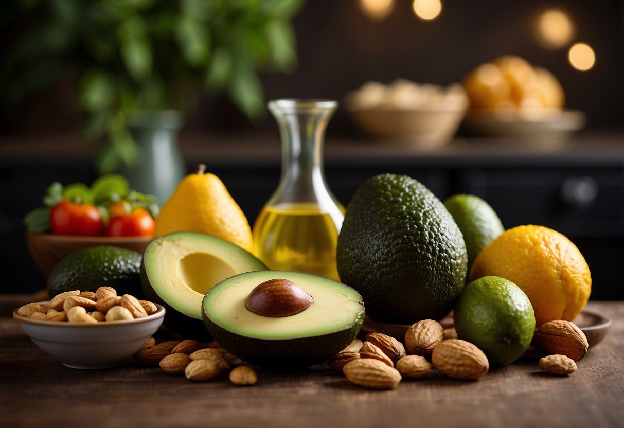 A variety of healthy fats like avocados, nuts, and olive oil are displayed with fresh fruits and vegetables. A scale shows weight loss progress