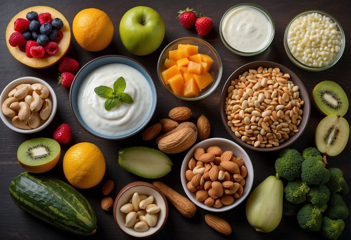 A variety of low-calorie snacks arranged on a table, including fruits, vegetables, nuts, and yogurt. Bright, fresh colors and a clean, modern setting