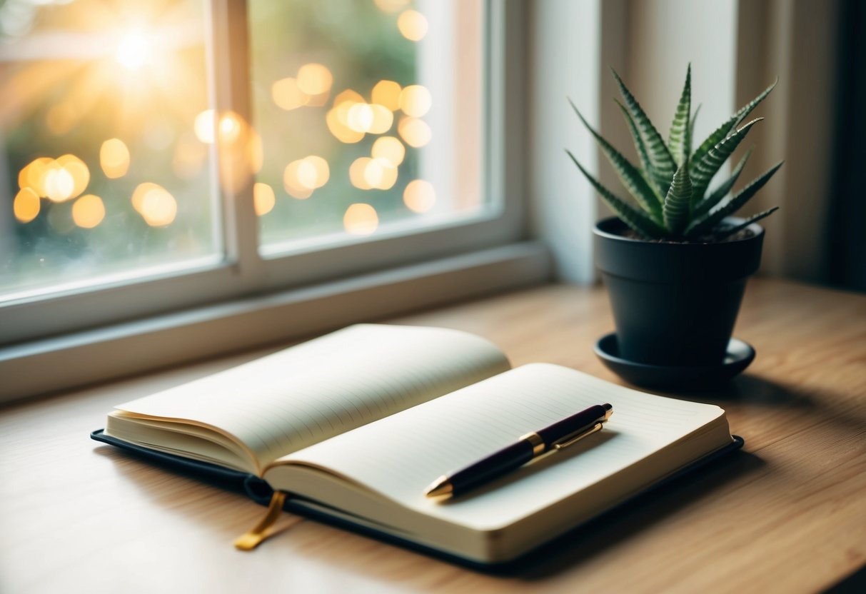 A cozy desk with a journal, pen, and potted plant sits near a sunlit window, creating a peaceful and focused atmosphere for writing and reflection