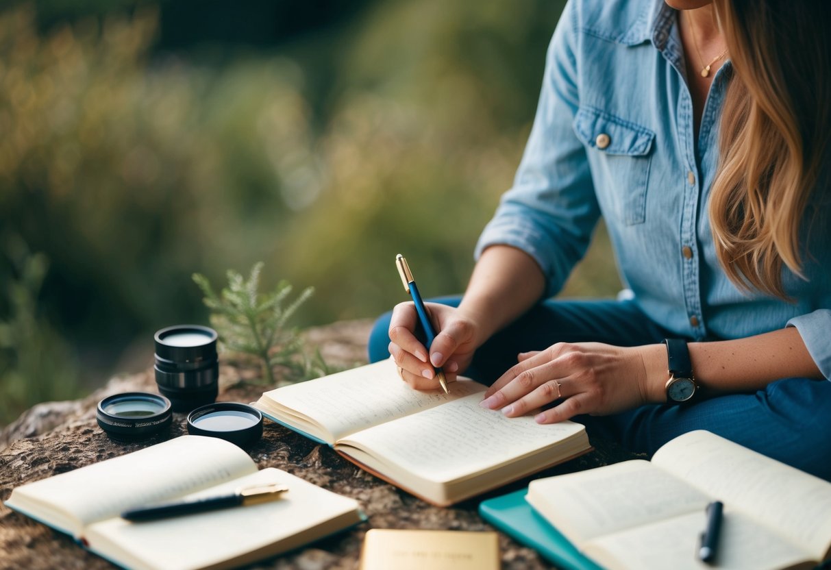 A person sitting in a peaceful natural setting, surrounded by journaling materials and writing in a gratitude journal. The scene exudes a sense of mental clarity and emotional stability