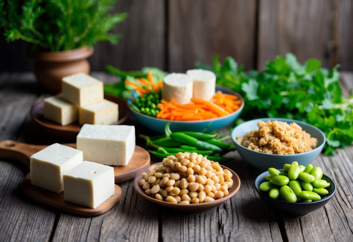 A vibrant array of soy-based foods, including tofu, tempeh, and edamame, arranged on a rustic wooden table with fresh greenery in the background