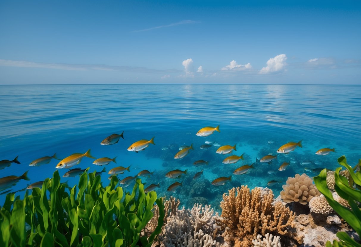 A serene ocean with a school of fish swimming amidst vibrant coral reefs, surrounded by lush green seaweed and a clear blue sky above