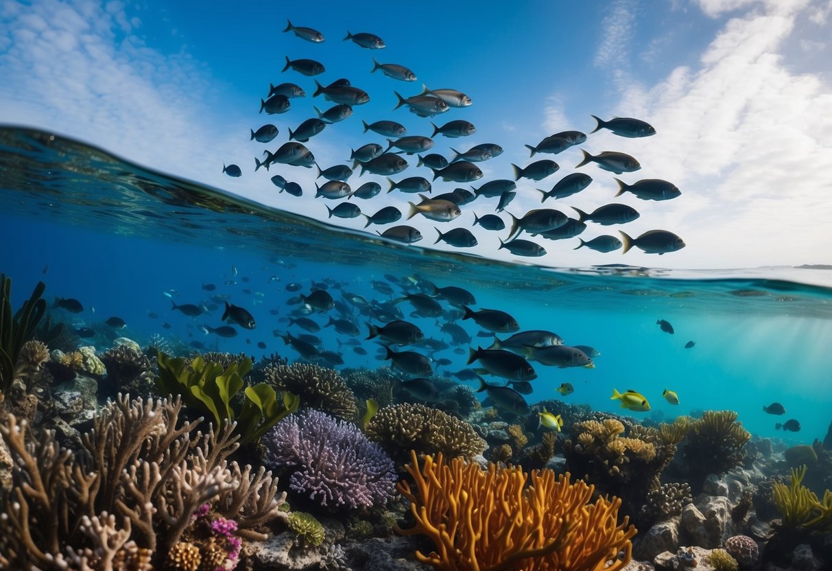 A serene ocean with a school of fish swimming among colorful coral reefs, surrounded by vibrant seaweed and marine life