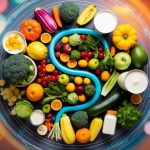 A colorful array of fruits, vegetables, and dairy products, surrounded by swirling lines representing the digestive system